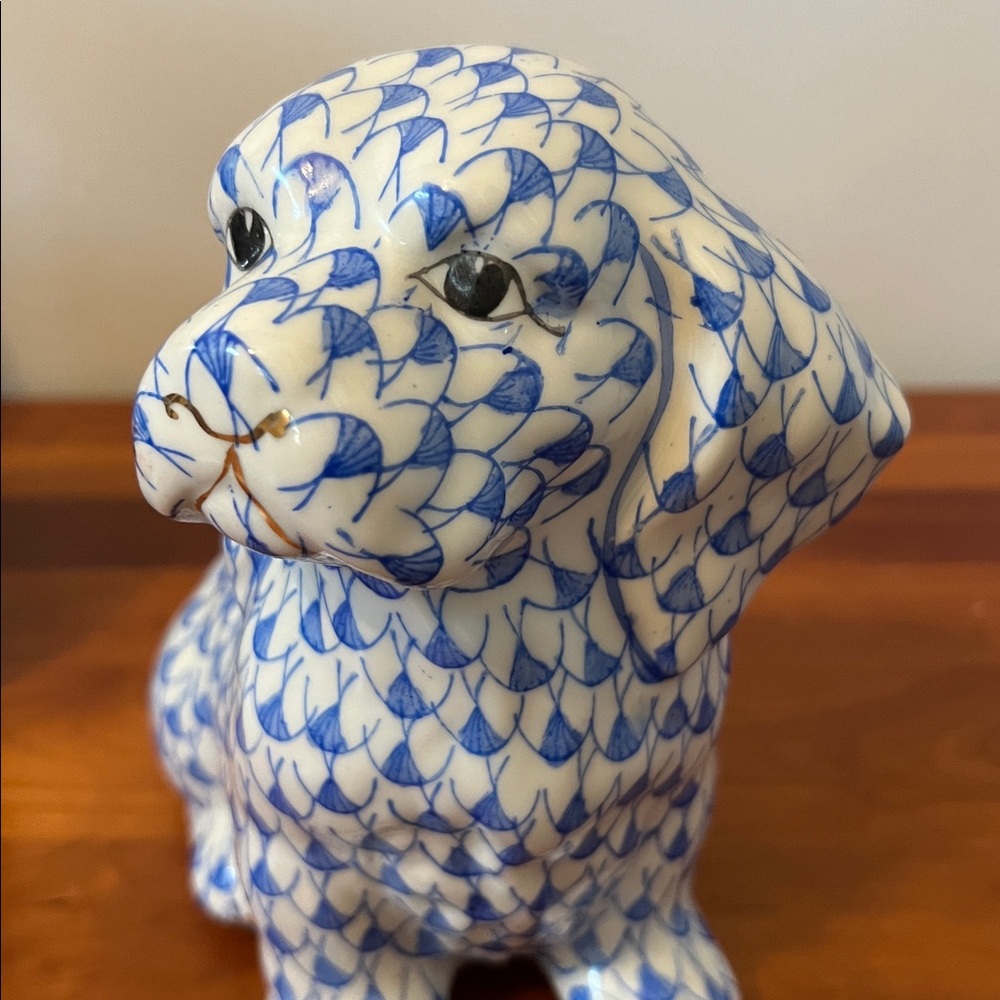 Blue White Fishnet Porcelain Herend Style Dog Vintage Chinoiserie Decor - Picture 3 of 7